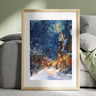 Illustrative of Village  in snow night Poster