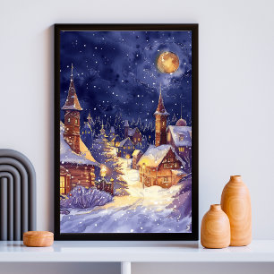 Illustrative of Xmas Village in snow night Poster