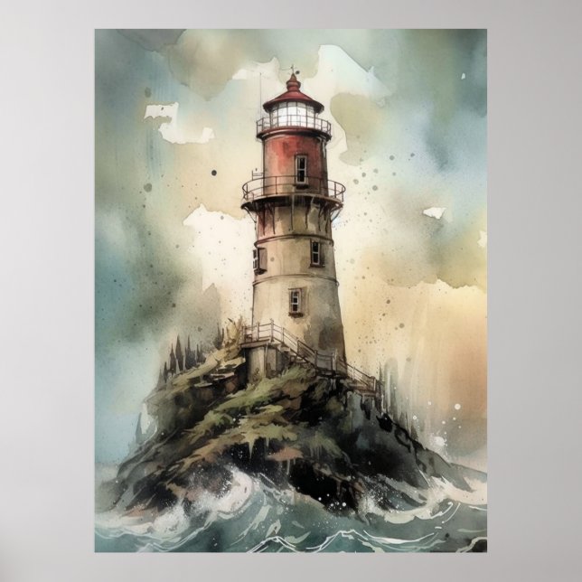 Illustrative Watercolor Lighthouse Poster Print (Front)