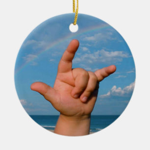 ILY hand under a rainbow  Sign Language Ceramic Tree Decoration