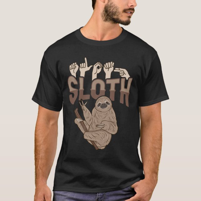 ILY Sloth ASL Hand Gesture Deaf Hearing Loss Aware T-Shirt (Front)