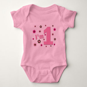 "I'm 1" Pink And Brown Flowers Birthday Baby Bodysuit