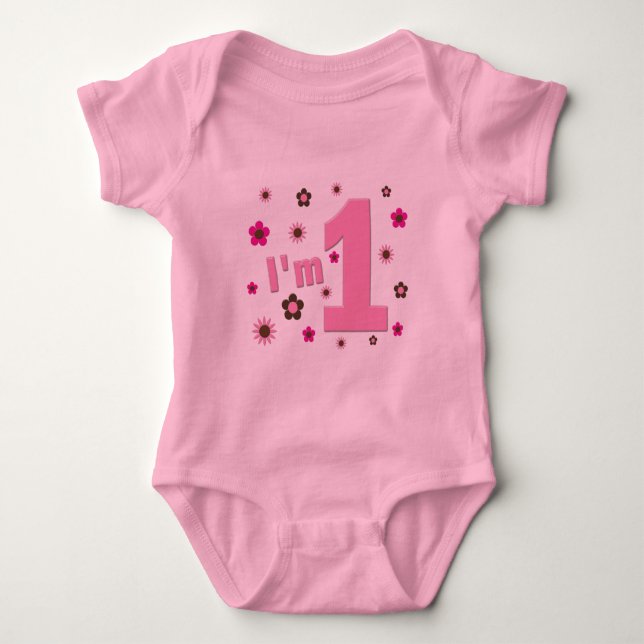 "I'm 1" Pink And Brown Flowers Birthday Baby Bodysuit (Front)