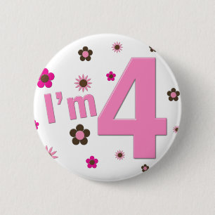 I'm 4 Pink & Brown Flowers 6 Cm Round Badge