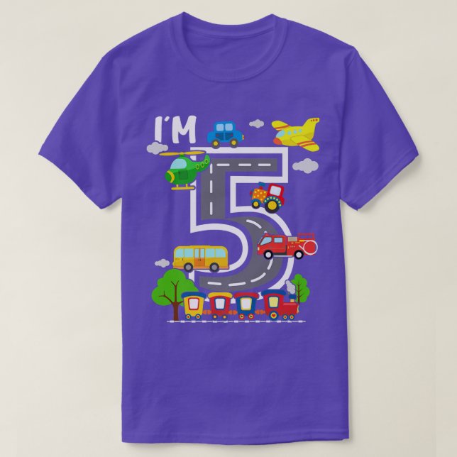 I'm 5 Birthday Boy 5th Bday Train Car Fire Truck A T-Shirt (Design Front)