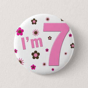 I'm 7 Pink And Brown Flowers 6 Cm Round Badge