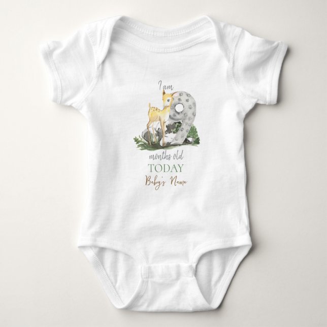 I'm "9" Months Old Quote Forest Theme Baby Deer Baby Bodysuit (Front)