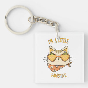 "I'm a Little Pawsitive" Cat with Strawberry Sungl Key Ring