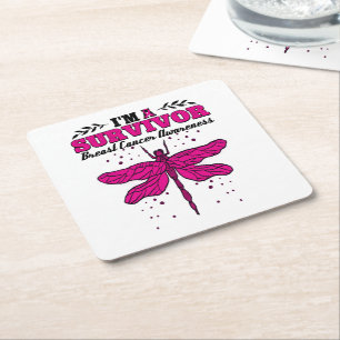 I'm A Survivor Dragonfly Breast Cancer Awareness Square Paper Coaster