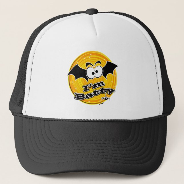 I'm Batty Orange and Yellow Swirl Trucker Hat (Front)