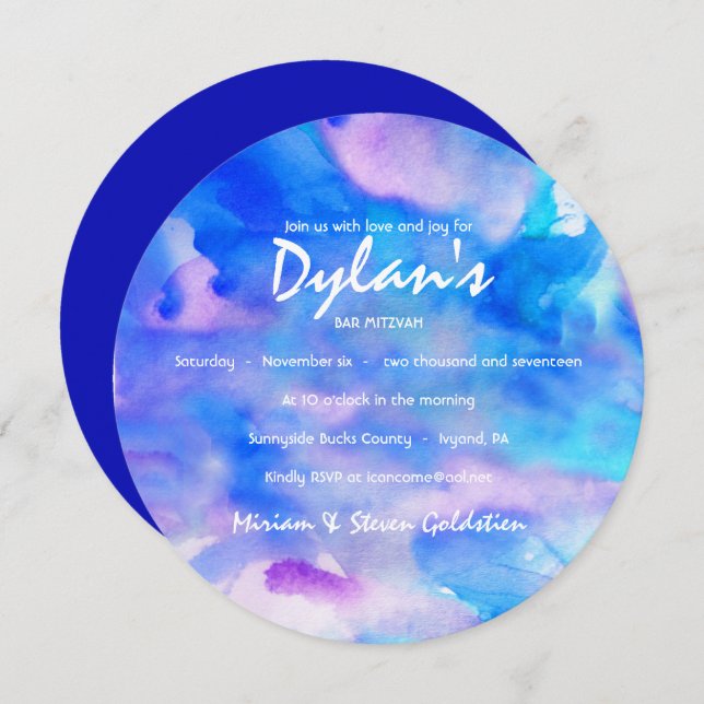 I'M BLUE WATERCOLOR  Bat Mitzvah Invitation (Front/Back)