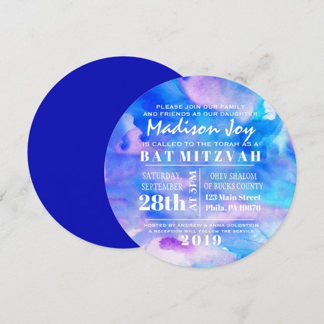 I'M BLUE WATERCOLOR  Bat Mitzvah Invitation (Front/Back)