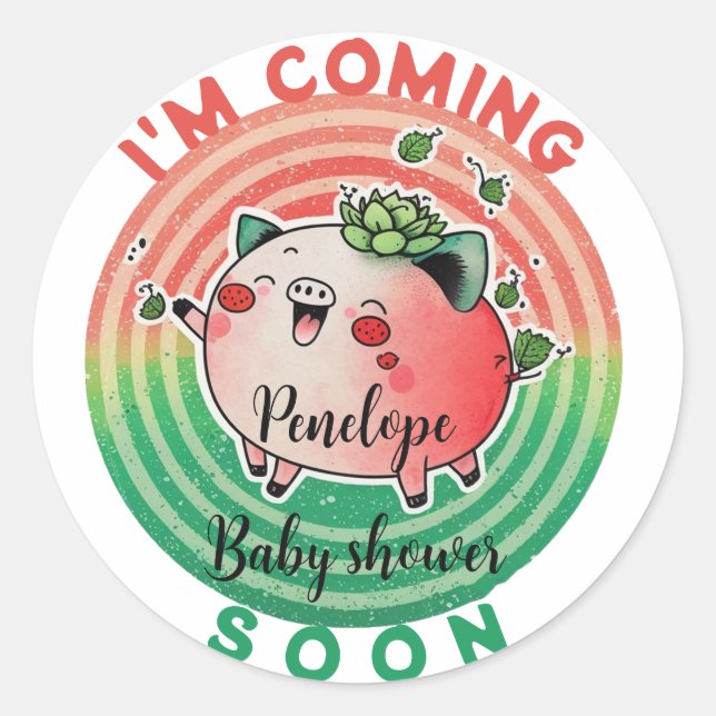 I'm coming Soon Funny Red Fruit Pig Baby Shower Classic Round Sticker (Front)