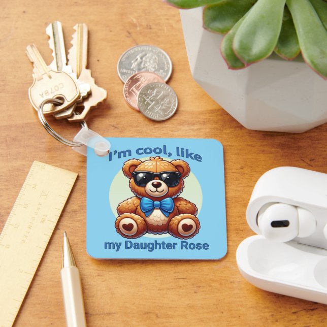 I'm Cool Teddy Bear with Blue Bow Customisable Key Ring (Desk)