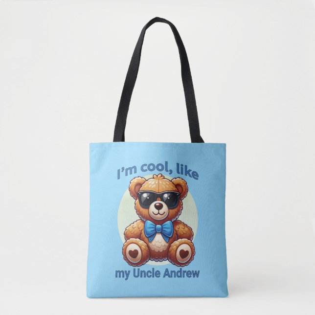 I'm Cool Teddy Bear with Blue Bow Customisable Tote Bag (Front)