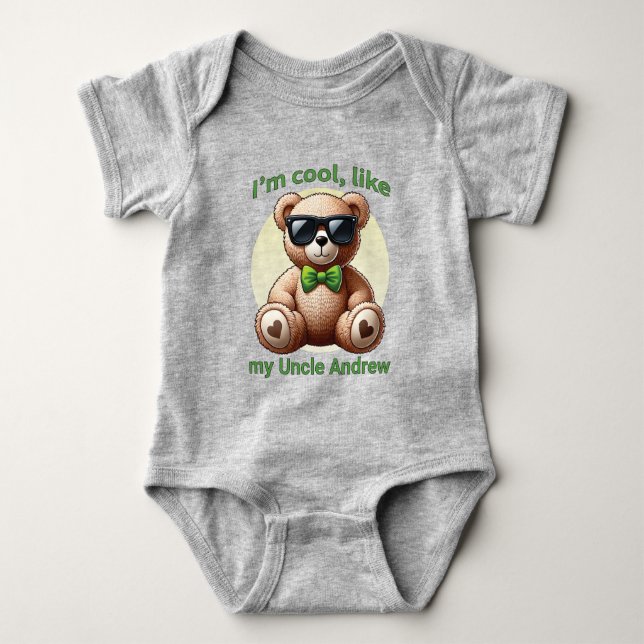 I'm Cool Teddy Bear with Green Bow Customisable Baby Bodysuit (Front)