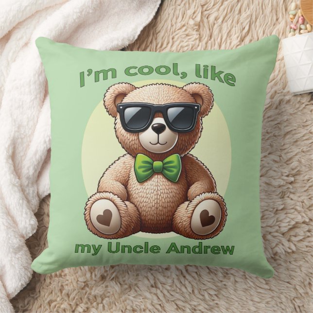 I'm Cool Teddy Bear with Green Bow Customisable Cushion (Blanket)
