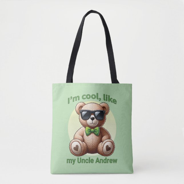 I'm Cool Teddy Bear with Green Bow Customisable Tote Bag (Front)