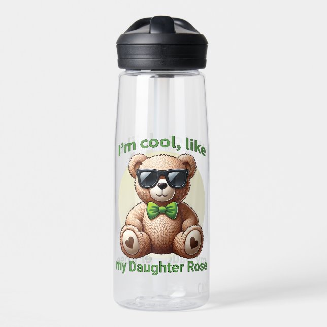 I'm Cool Teddy Bear with Green Bow Customisable Water Bottle (Front)