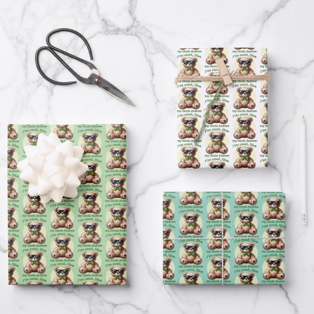 I'm Cool Teddy Bear with Green Bow Customisable Wrapping Paper Sheet (Front)