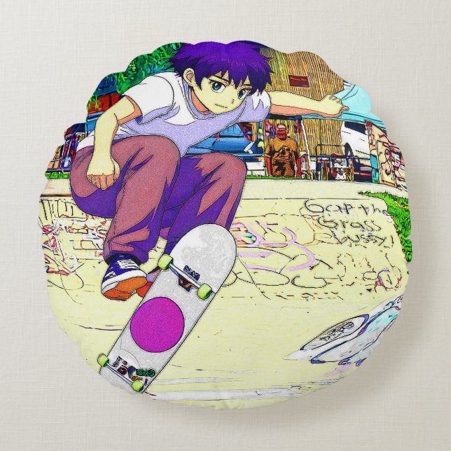 I'm Doing It - Young Skateboarder Round Cushion (Front)