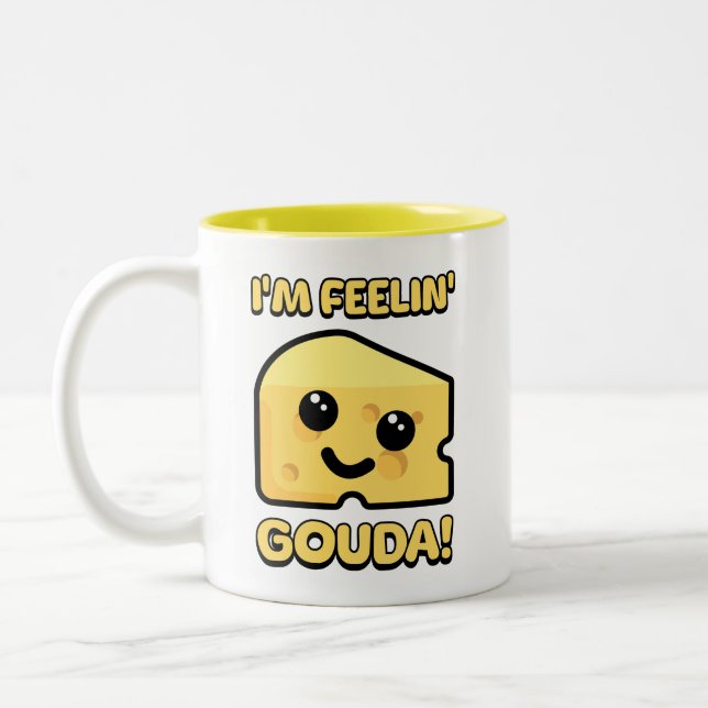 I'm Feeling Gouda! Cute Cheese Cartoon Two-Tone Coffee Mug (Left)