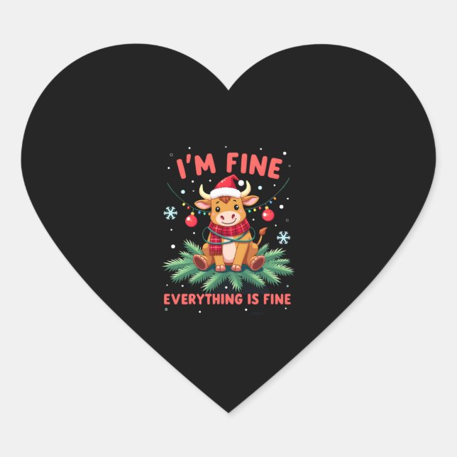 I'm Fine Everything is Fine Christmas Highland Cow Heart Sticker (Front)