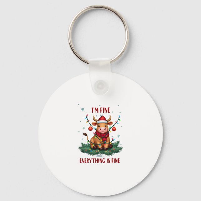 I'm Fine Everything is Fine Christmas Highland Cow Key Ring (Front)
