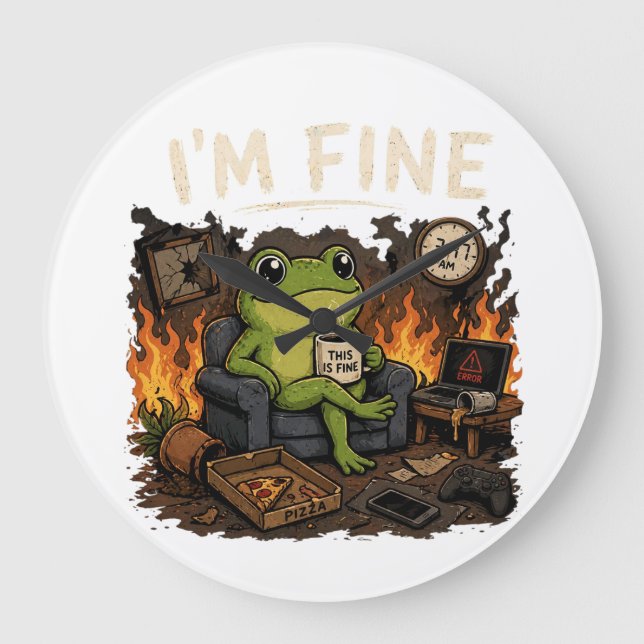 I'm Fine Frog This Is Fine Meme Art Large Clock (Front)
