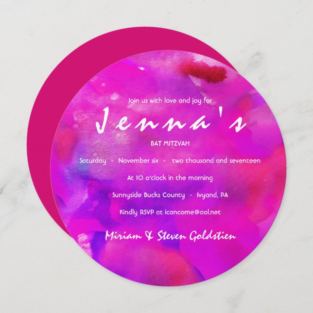 I'M FUSHIA WATERCOLOR  Bat Mitzvah Invitation (Front/Back)