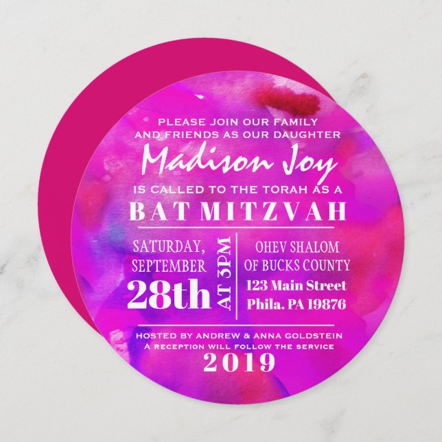 I'M FUSHIA WATERCOLOR  Bat Mitzvah Invitation (Front/Back)