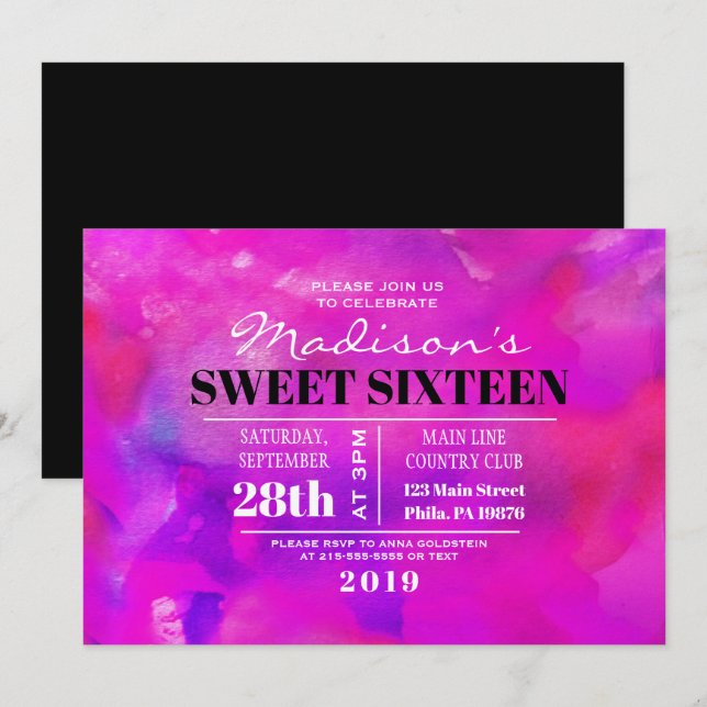 I'M FUSHIA WATERCOLOR  Sweet Sixteen Invitation (Front/Back)