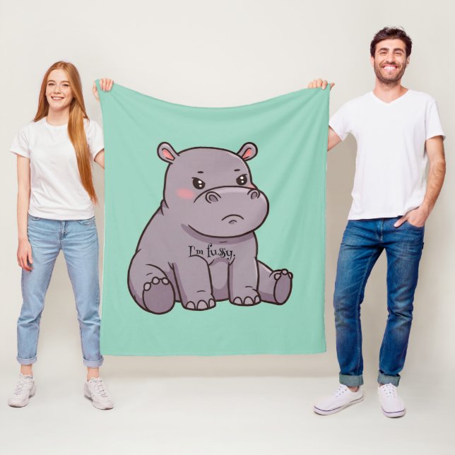"I'm fussy." Cartoon, Cute Pouting Hippo Fleece Blanket (In Situ)