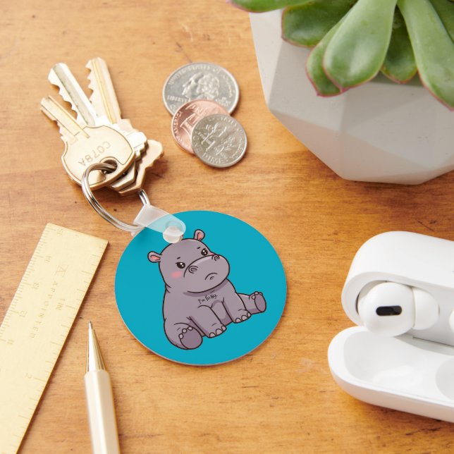 "I'm fussy." Cartoon, Cute Pouting Hippo Key Ring (Desk)