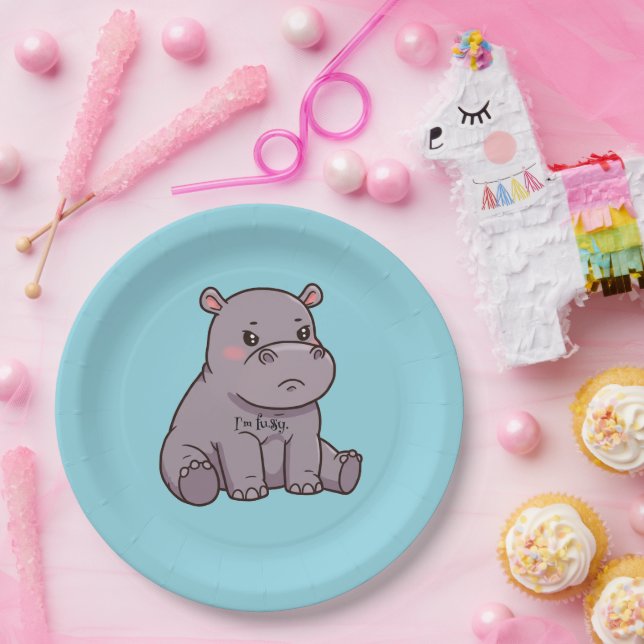 "I'm fussy." Cute, Cartoon Hippo, Pouting Paper Plate (Party)