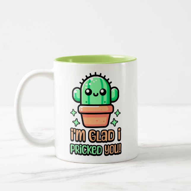 I'm Glad i Pricked You! Cute Cactus Pun Two-Tone Coffee Mug (Left)