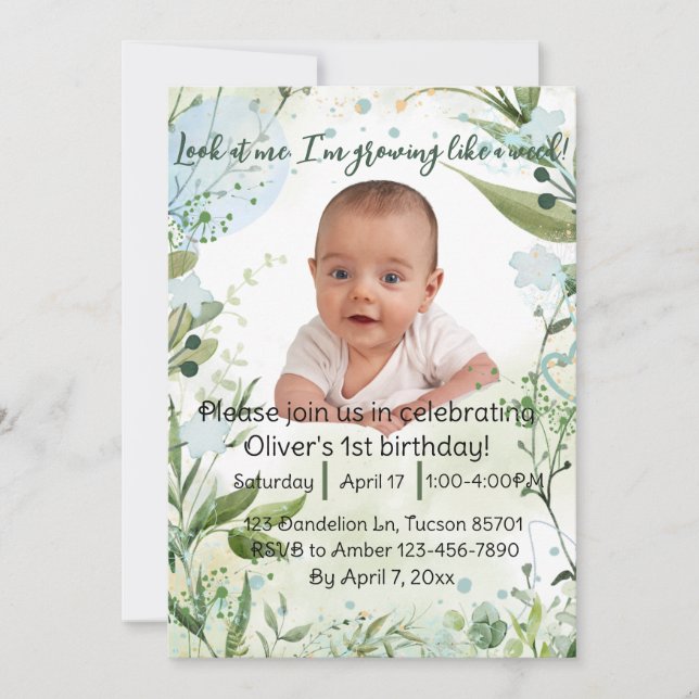 I'm growing like a weed, 1st birthday boy, invitation (Front)