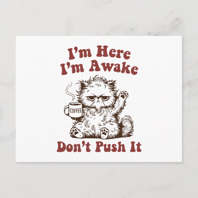 I'm here I'm awake don't push it angry cat Holiday Postcard (Front)