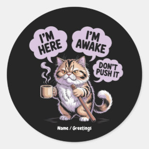 I'm Here I'm Awake Don't Push It Funny Old Cat Classic Round Sticker