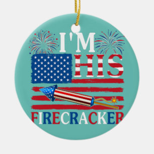 I'm His Firecracker American Flag Fireworks Ceramic Tree Decoration