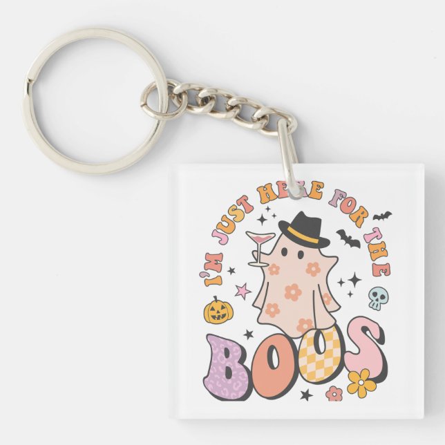 I'm just here for the Boos, Retro Groovy Halloween Key Ring (Front)