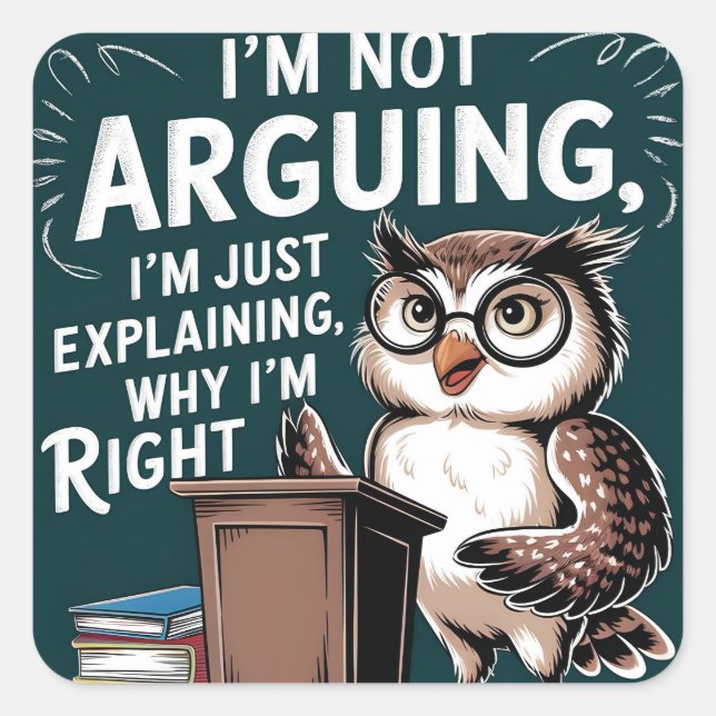 "I'm Not Arguing, Just Explaining" Fun Owl Cartoon Square Sticker (Front)