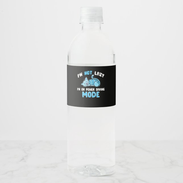 I'm Not Lazy Saving Mode Blue Cat Gift Cat Lovers Water Bottle Label (Front)