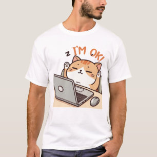 I'M OK Funny Lazy Cat Working on Laptop T-Shirt