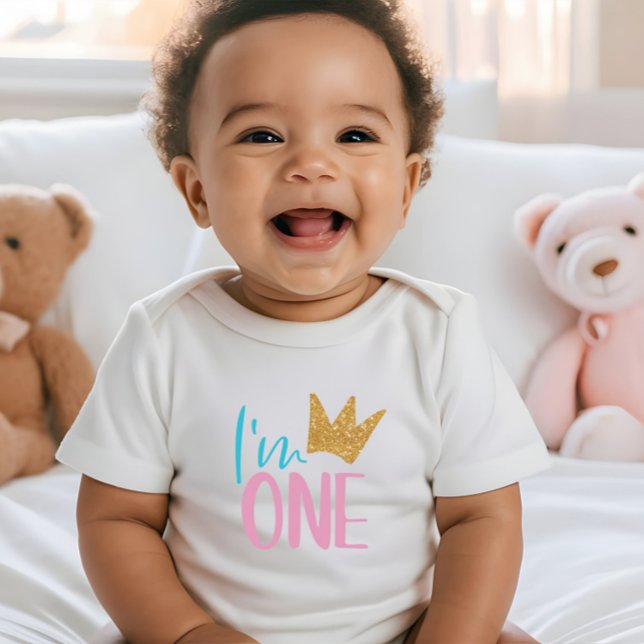 I'm one Gold glitter crown first birthday t-shirt  Baby Bodysuit (Creator Uploaded)