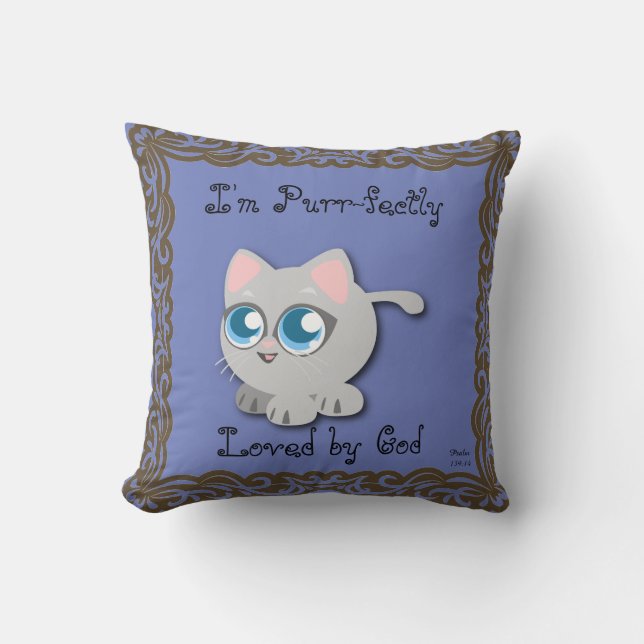 I'm Purr-fectly Loved by God Kitty Pillow (Front)