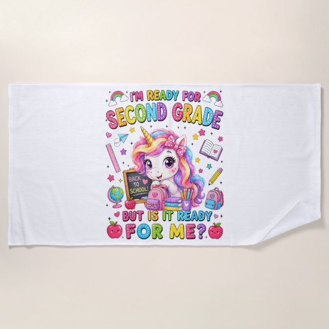 Im Ready for Second Grade Unicorn First Day Beach Towel (Front)
