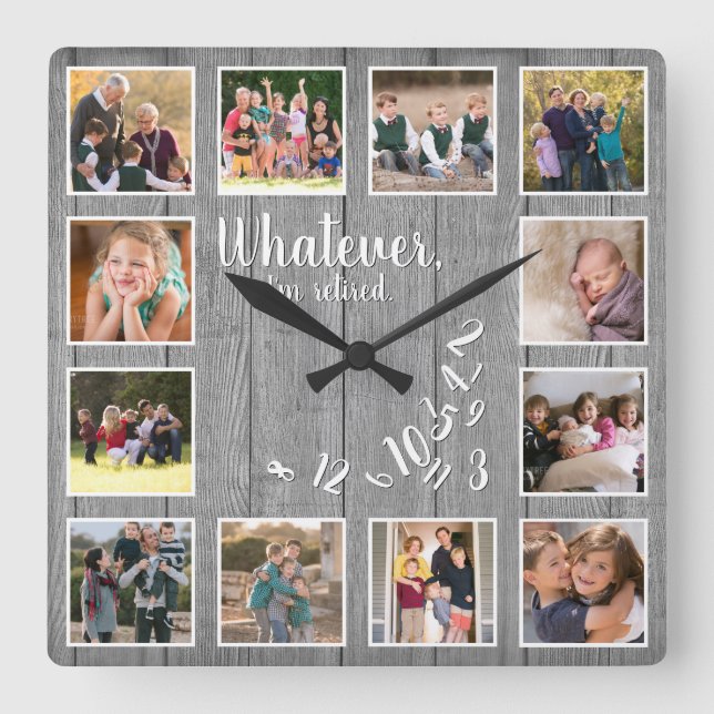 I'm Retired Photo Collage Rustic Wood Retirement Square Wall Clock (Front)