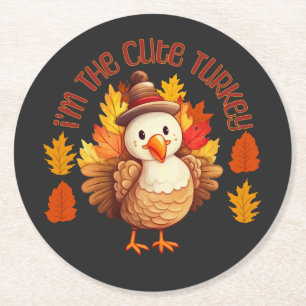I'm The Cute Turkey Thanksgiving Fall  Round Paper Coaster