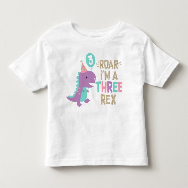 I'm Three Rex Girl Pink Dinosaur Faux Glitter Toddler T-Shirt (Front)